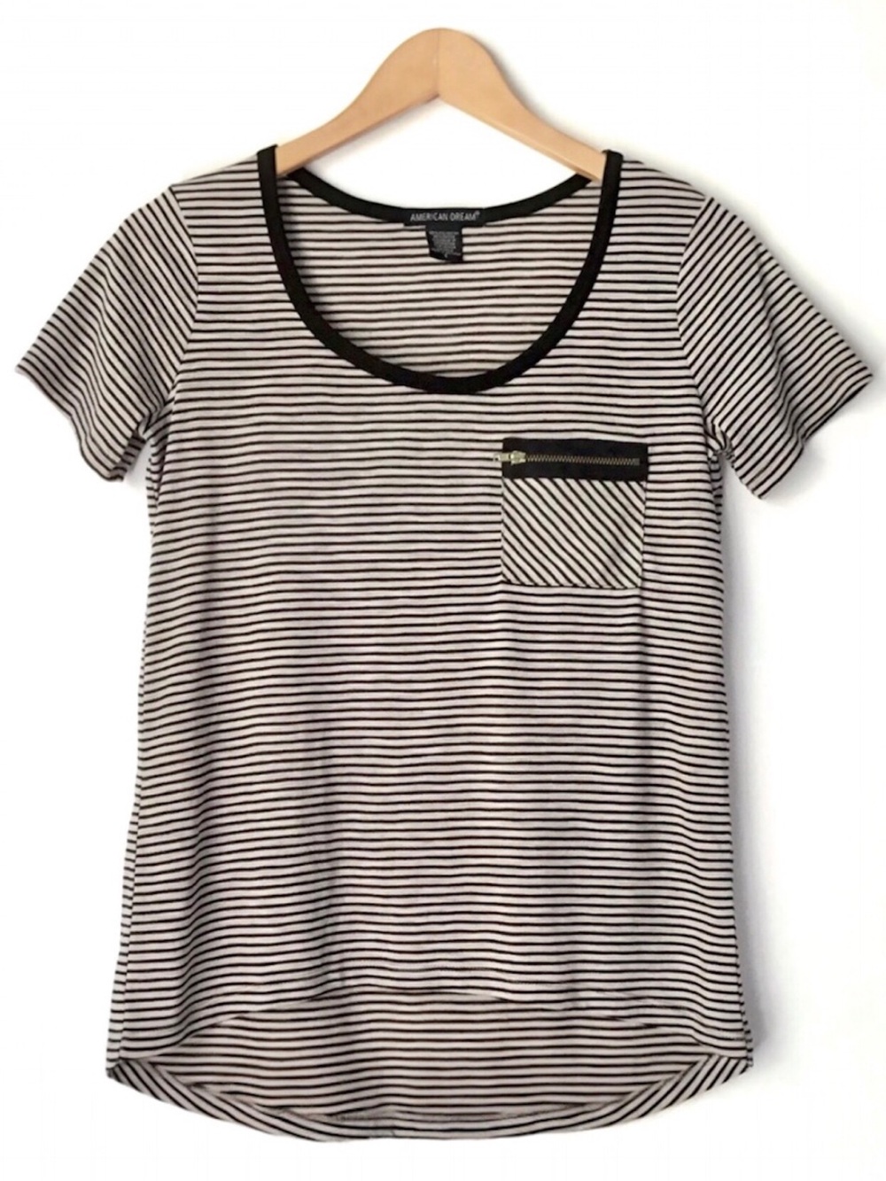 American Dream Striped Top Size S Gold Zipper Pocket Black & White Short Sleeves